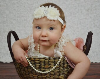 Ivory shabby chic headband, infant headband, baby headband, newborn photo prop, toddler headband, vintage headband