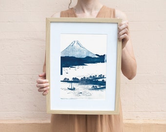 Mt. Fuji, Japanese Landscape, Cyanotype Print on Watercolor Paper, A4 size