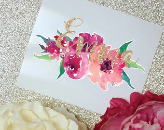 Peony Watercolor Monogram Decal, Watercolor Flowers, Flower Sticker, Tumbler Decal, Watercolor Peonies, Printed Decal