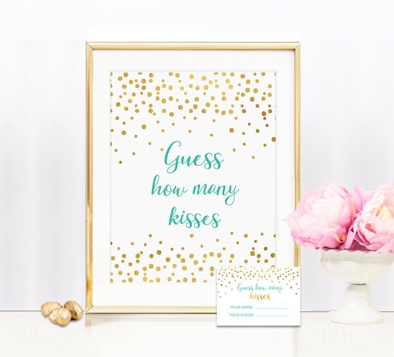 Mint & Gold Guess How Many Kisses 8x10 Sign Includes Guess Cards - Bridal Shower Game Printable