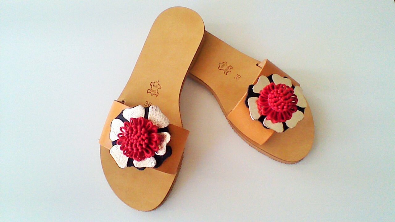 Women's Greek Leather Sandals Chic Sandals Red Flower