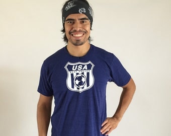 USA Logo- Tri-Blend Women's and Men's Shirt, Indigo Blue, US Deaf Soccer