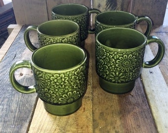 Set of Four (4) Vintage 1970s Retro Forrest Green Stack-able Coffee Mugs Floral Design / Green Stoneware Mugs / Made in Japan