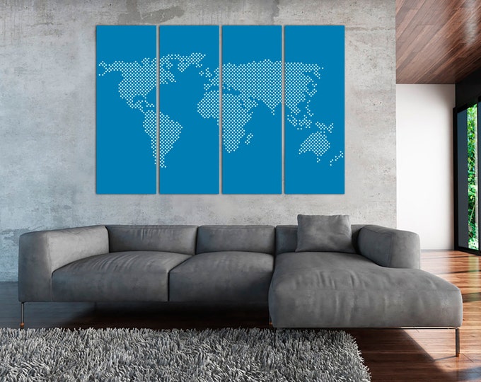 Large Blue Dotted World Map Print Set, Abstract Wall Art \ 1,3,4 or 5 Panels on Canvas Wall Art for Home or Office Decoration