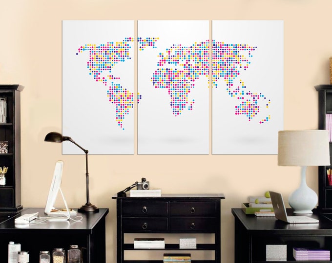 Motley Dotted World Map Canvas Print, Abstract Map wall art, Modern Map \ 1,3,4 or 5 Panels on Canvas Wall Art for Home & Interior design