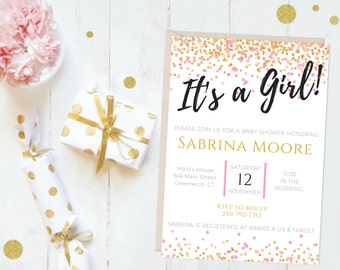 It's A Girl Printable Baby Shower Invitation, Girl Baby Shower Invitation, Pink and Gold Confetti Baby Shower Invitation, Custom Baby Invite