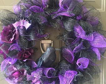 Black and Purple Halloween Wreath, purple rose wreath, raven wreath, purple bat, fun Halloween wreath, purple and black mesh