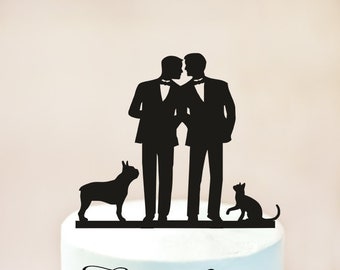Gay Wedding cake topper with cat + dog, gay silhouette for men, gay cake topper,Gay with cat + dog,dog + cat silhouette cake topper (1020)