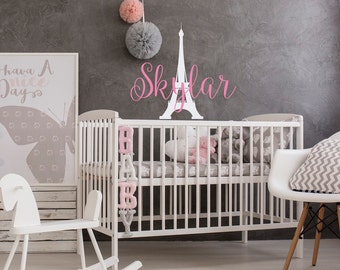 Name Wall Decal Girl - Personalized Paris Wall Decal Girl- Paris Eiffel Tower Wall Decal - Wall Decals Nursery Girl Paris Decor Bedroom