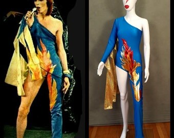 MADE TO ORDER Limited Edition David Bowie/ Ziggy Stardust Inspired One Shoulder-One Leg Bodysuit Flame Costume