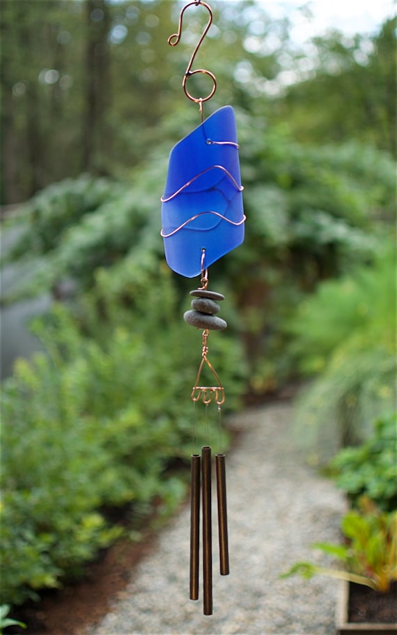 Wind Chime Cobalt Blue Stained Glass Sun Catcher With Brass