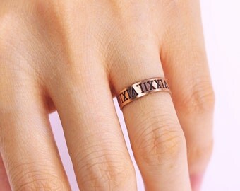 Personalized Bar Band Ring, Gold or Silver or Rose Gold Fill Stacking Ring, Dainty Engraved His and Her Name Ring, GPS Roman Numerals Ring