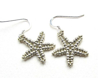 Beaded Starfish Earrings, Metallic Silver Colour