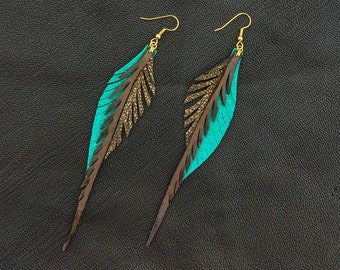 Leather Feather Earrings - brown, turquoise and sparkly bronze