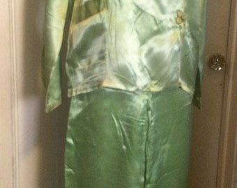 Vintage 30's Silk Satin Lounge Set, Chinoise, Pajamas, Gold Embroidery, Jacket & Pants, Gold Dragon, Mint Green, Size S/M