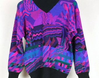 Vintage Blue Green Black Purple Ski Sweater Misses M Meister 80s