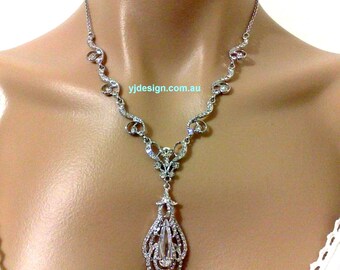 Statement Bridal Necklace, Cz Teardrop Wedding Jewelry, Swarovski Crystal Wedding Necklace, Silver Bridal Jewelry, Gift for Her, OSCAR