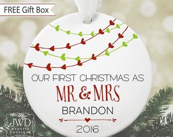 First Christmas as Mr & Mrs Ornament Personalized Christmas Ornament Bridal Shower Gift Newlywed Gift for Wedding Heart Garland #OR1601