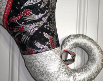 Christmas Stocking with Poinsettias and Curly Elf Toe