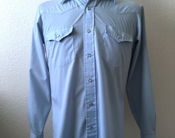 Vintage Men's 80's Western Shirt, Blue, Snap Button, Long Sleeve (M)