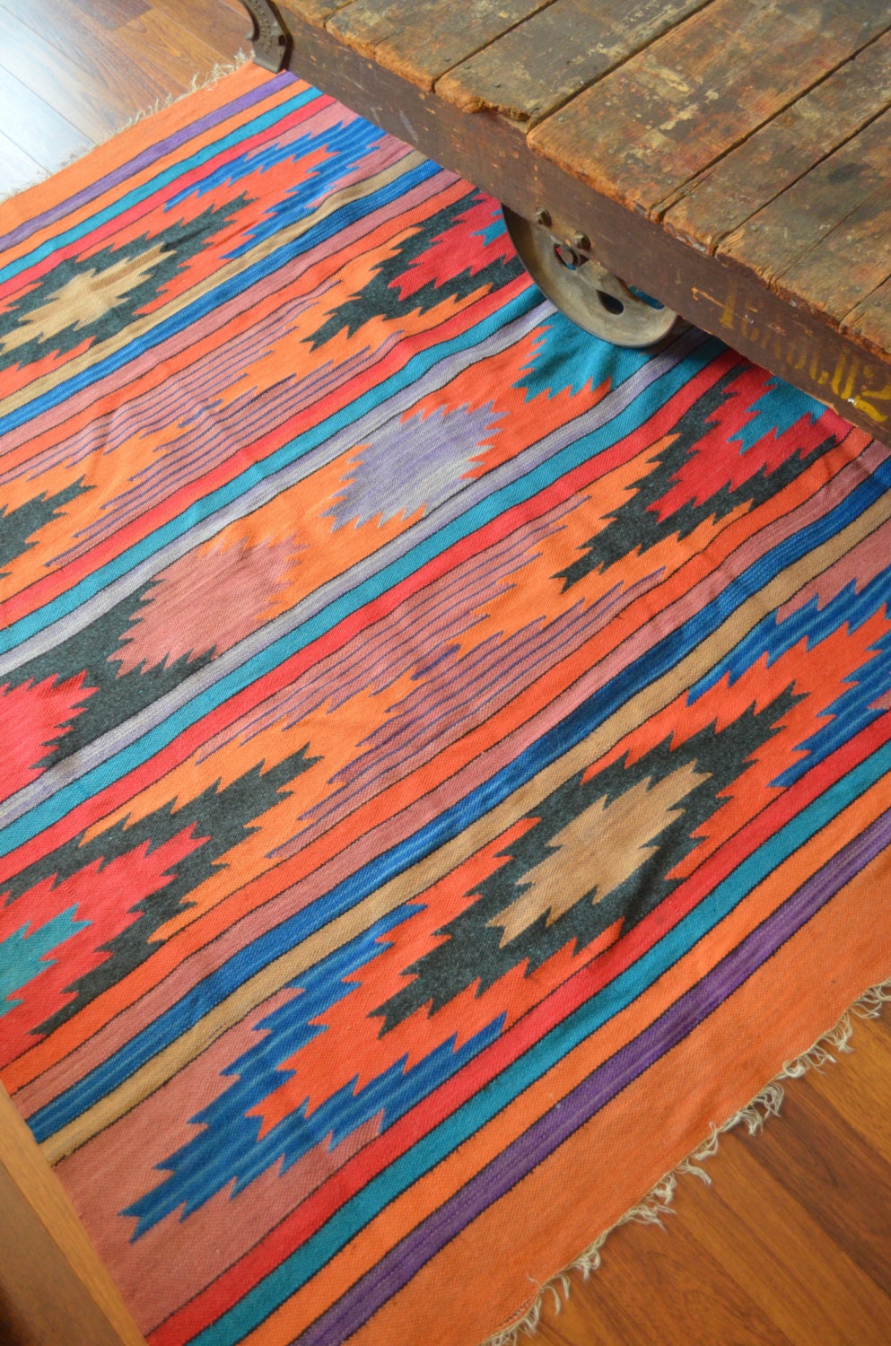 Vintage Large Mexican Hand Woven Rug/ Vintage Mexican Wool