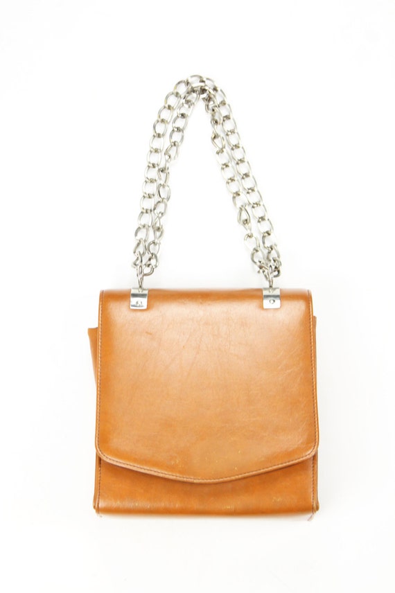 Vintage 70s Vinyl Purse Chain Strap Shoulder Bag Golden Tan
