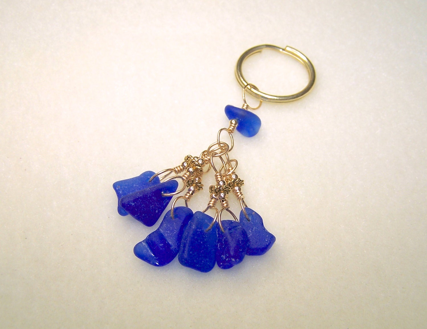 Sea Glass Keychain Beach Key Chain Cobalt Blue and Gold