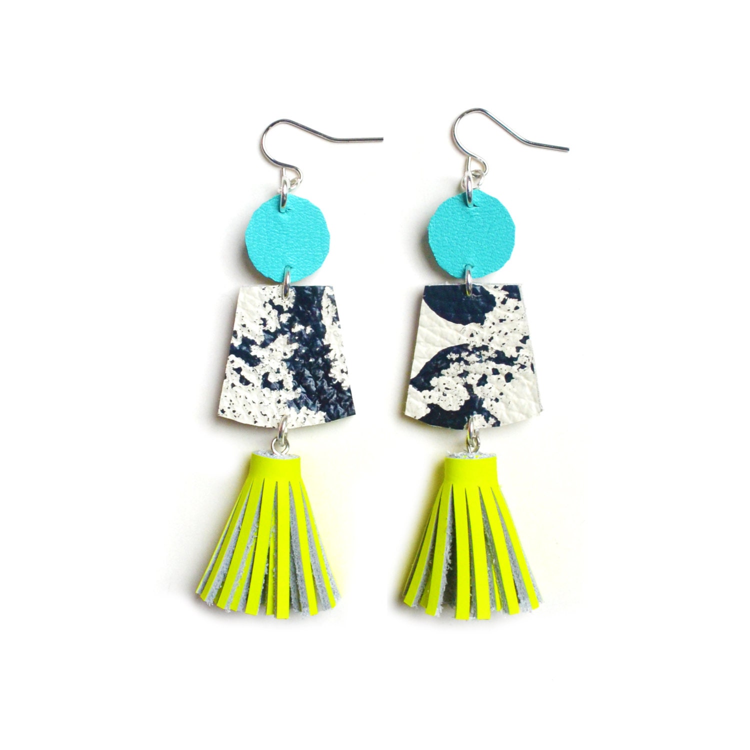 Leather Tassel Earrings Fringe Earrings Black and White