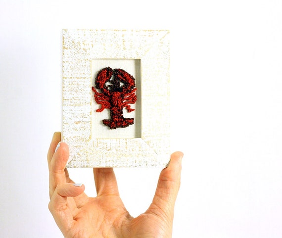 Punchneedle Lobster in a Mini Weathered White Frame. Punchneedle Embroidery Fiber Art. Office, Kitchen Decor. Red and White. Maine Decor