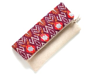 Fold Over Clutch, Foldover Clutch, Burgundy Purple Indonesian Ikat Evening Clutch, Linen Cotton Folded Handbag