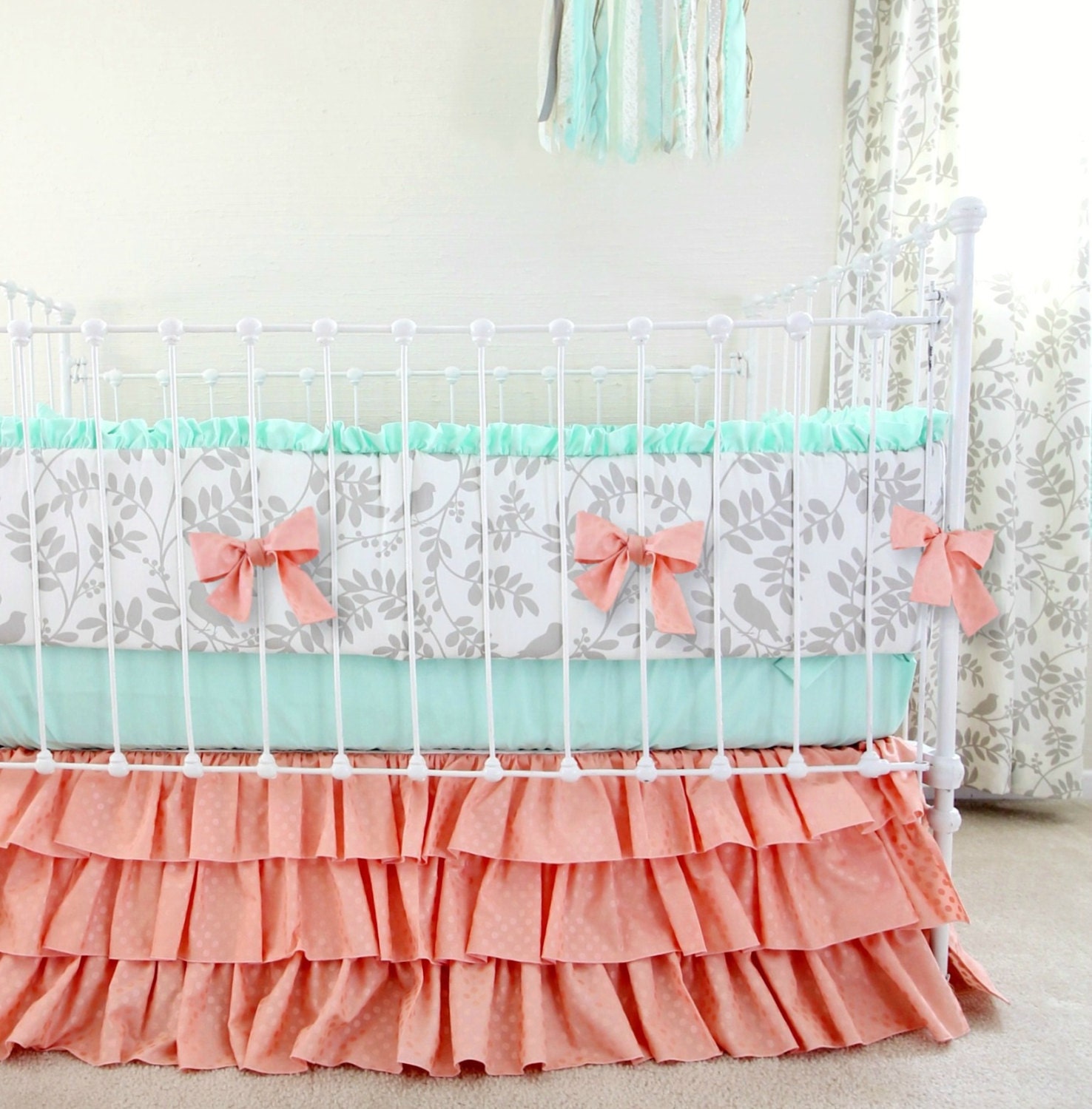 Download Peach Mint Gray Crib Bedding Set Woodland Birds Baby Bedding