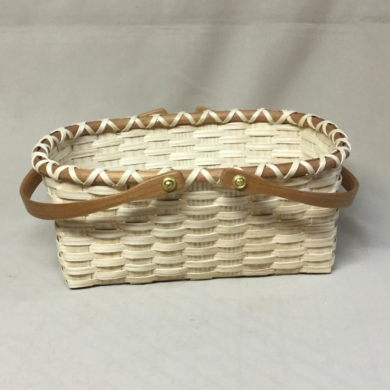 Swing Handled Hand Woven Tiger Ash Basket Cherry Wood Rims