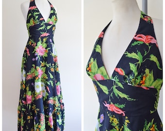 1970s Floral print halterneck maxi dress / 70s printed full length QUAD peasant dress - S