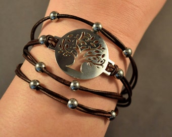Leather Bracelet-Charm Bracelet-Tree of Life Charm Bracelet-Brown Leather Bracelet-Women Bracelet-Gifts-Friendship Bracelet-Friendship Gifts