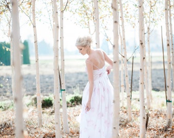 Floral Wedding Dress Watercolor Boho, GISELLE, Silk Cotton Blue Pink Blush