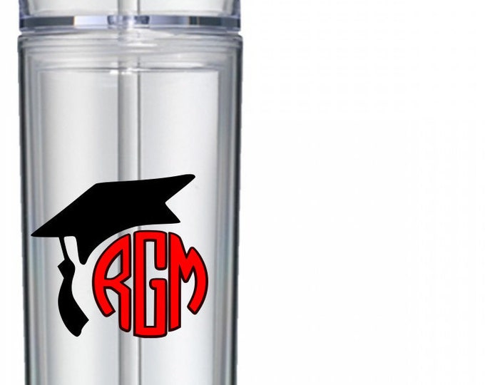 Graduation Cap with Monogram Water Bottle Tumbler, Personalized Water Bottle with Straw, Graduation Gift, Personalized Drink ware Cup