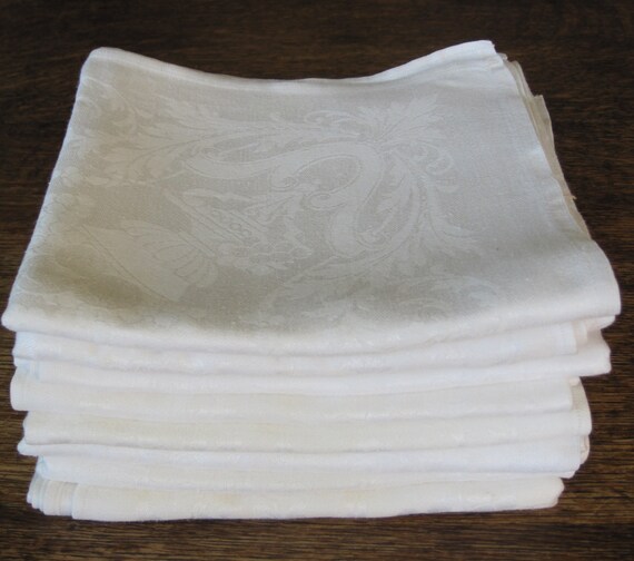 8 Vintage Large White Damask Linen Napkins 24 x 25