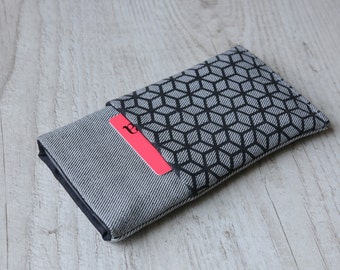 Google Pixel sleeve Google Pixel XL case cover Google Pixel phone pouch handmade light jeans and black with pocket and cube pattern