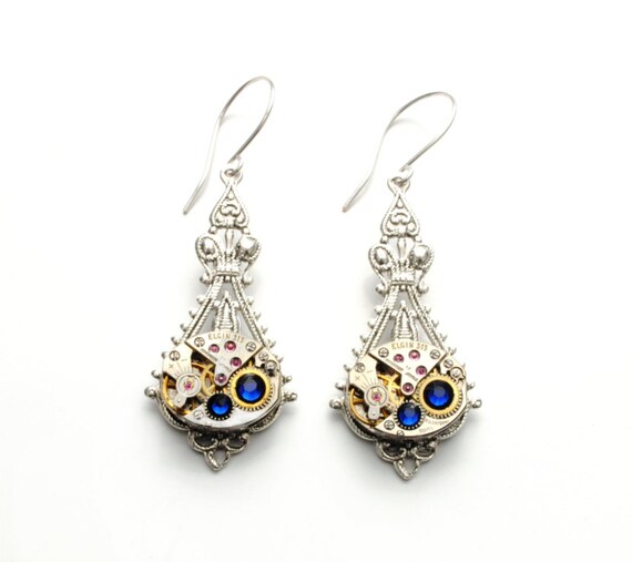 SEPTEMBER Steampunk Earrings, SAPPHIRE BLUE Steampunk Earrings, Vintage Watch Earrings, Steampunk Wedding Jewelry by Victorian Curiosities by VictorianCuriosities steampunk buy now online
