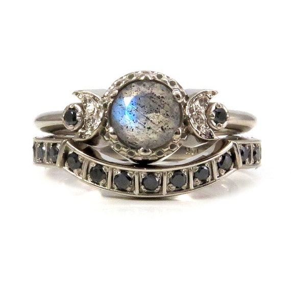 modern gothic engagement ring set labradorite and black diamond moon phase stacking wedding rings - Goth Wedding Rings modern gothic engagement ring set labradorite and black diamond moon phase stacking wedding rings - Goth Wedding Rings