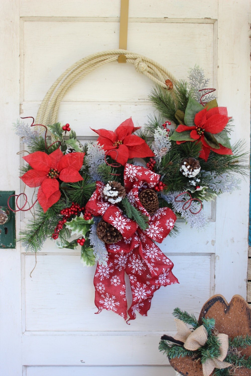Rustic Rope Christmas Wreath with red snowflake burlap bow and
