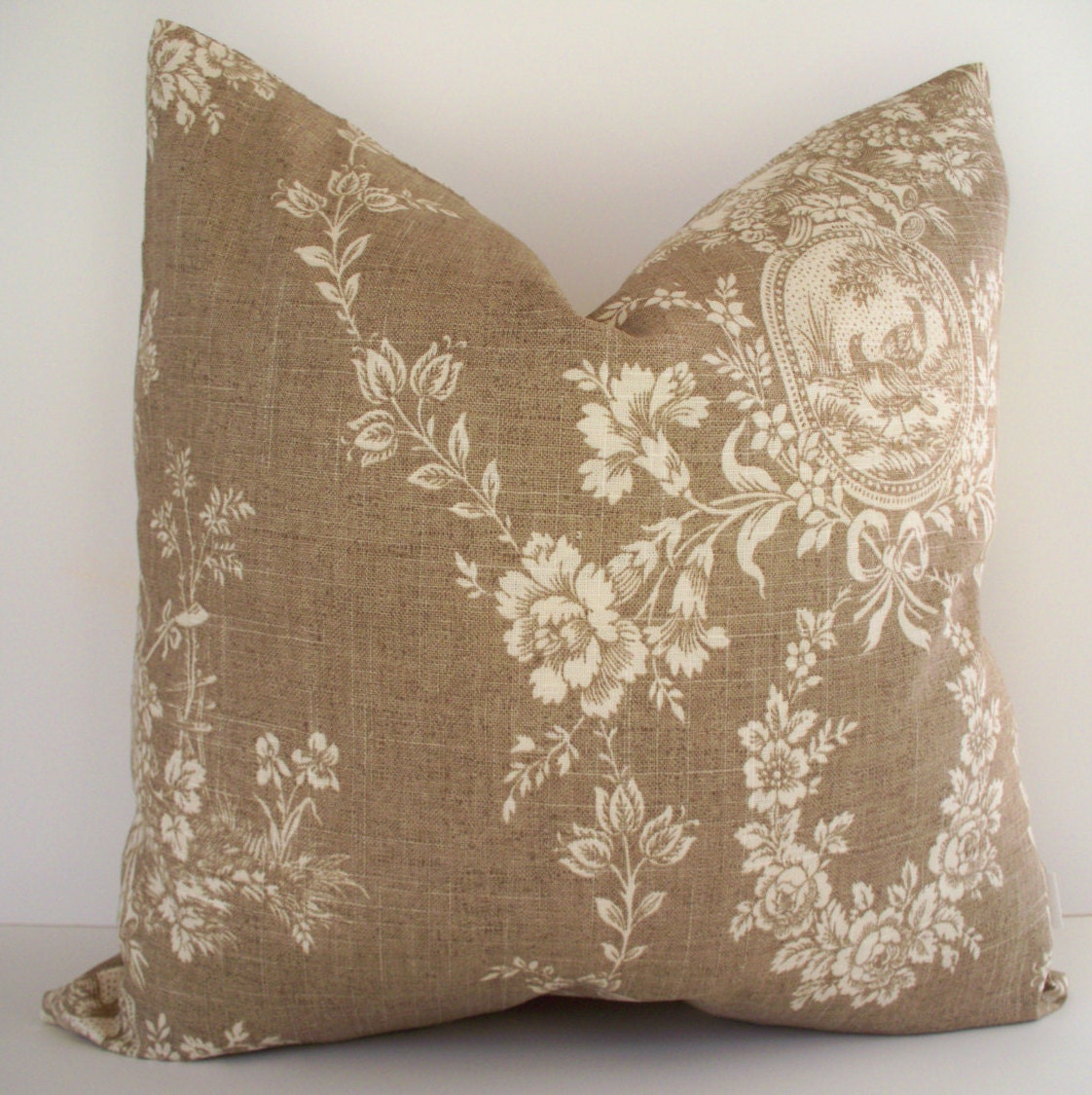  French  Country Toile Pillow  Waverly Floral Tan Waverly