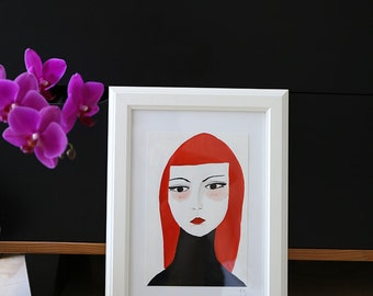 Portrait Illustration - Original Gouache Painting - Framed Female Portrait - Woman - Tempera - Contemporary Art - Femme Fatal IV