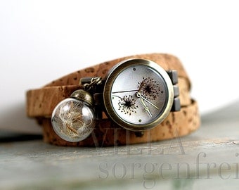 Real DANDELION & CORK STRAP Watch. Dandelion watch face and real dandelion seeds. Cork watch strap. Eco-friendly. Gift for her.