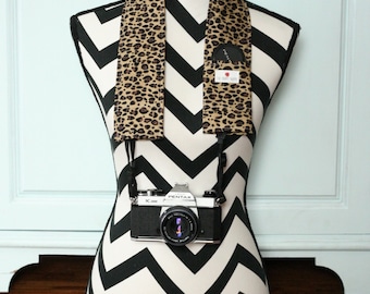 DSLR Camera Strap Cover- lens cap pocket and padding included- Cheetah Print