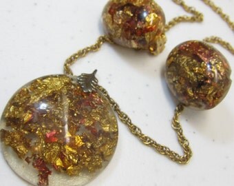 Vintage Lucite Gold Foil Necklace Earrings