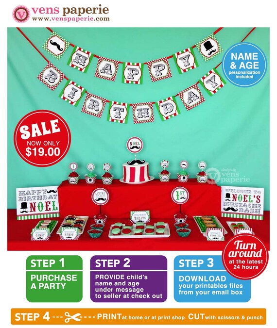 Little Man Mustache Red & Green Birthday Party Package Personalized FULL Collection Set - PRINTABLE DIY - PS829CA2x Il_570xn