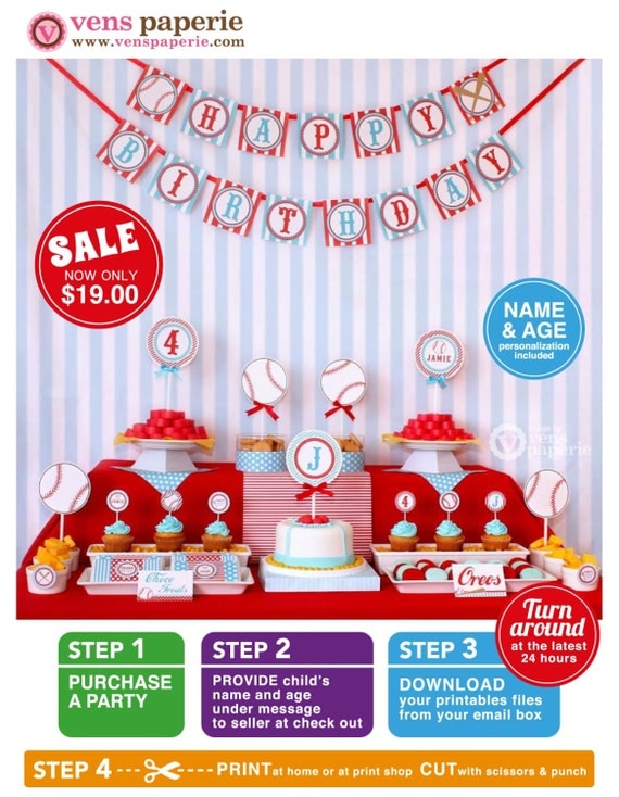 Sport Baseball Birthday Party Package Personalized FULL Collection Set - PRINTABLE DIY - PS804CA1x Il_570xn