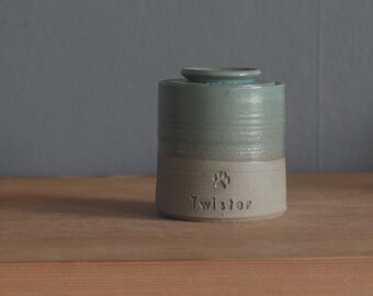 pet urn with lid. Handmade pottery pet urn or human ashes urn. Sand stoneware, satin turquoise glaze. read item details before ordering