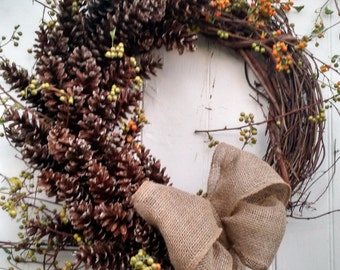 Large Pinecone and Bittersweet Wreath with Burlap Bow